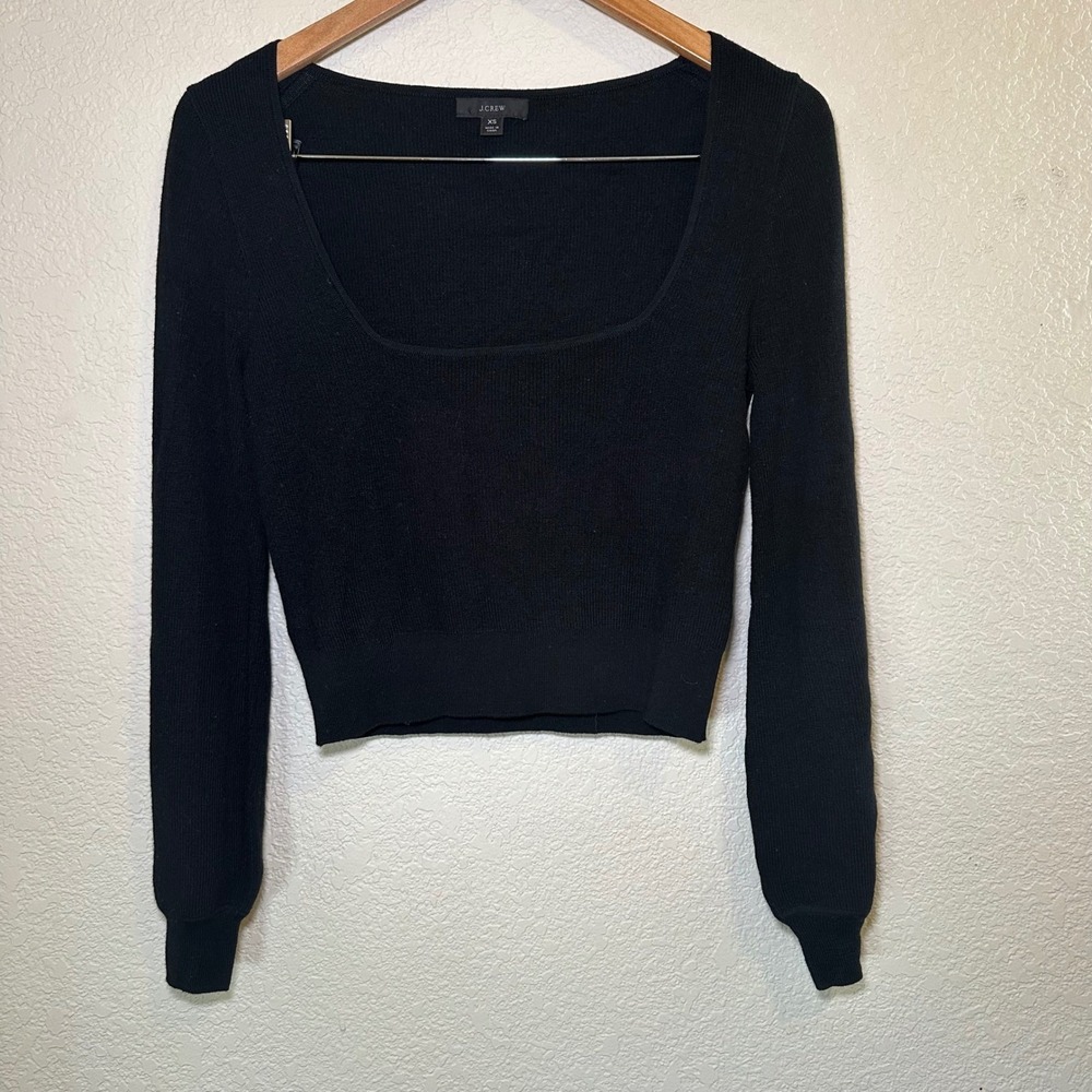 J. Crew XS‎ Sweater Square Neckline 100% Merino Wool Black Cropped Minimalist